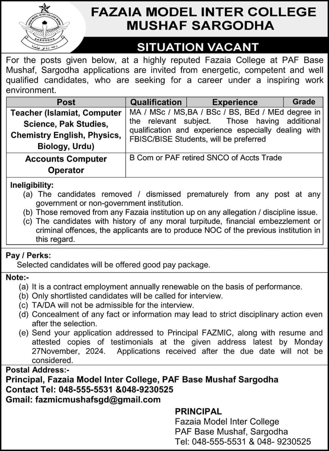 Fazaia Inter College Sargodha Jobs 2024 Advertisment