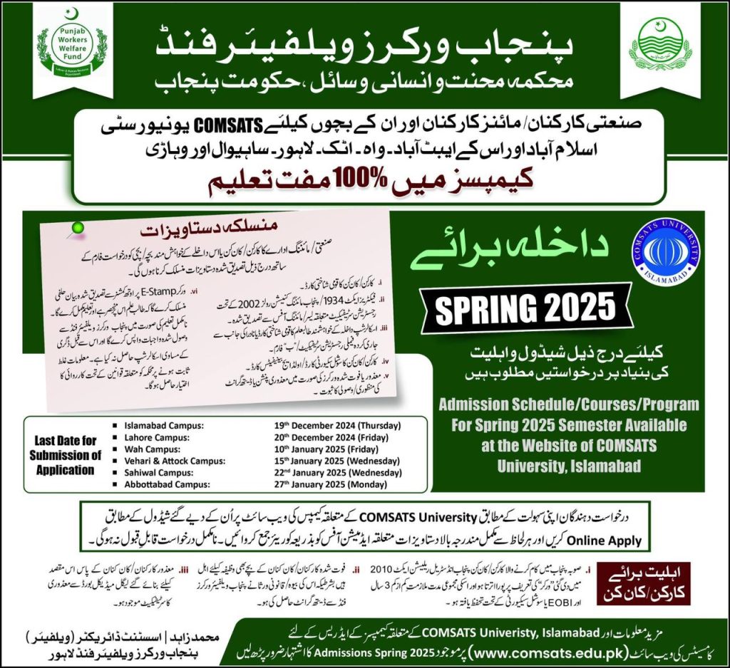 Punjab Workers Welfare Scholarship 2024