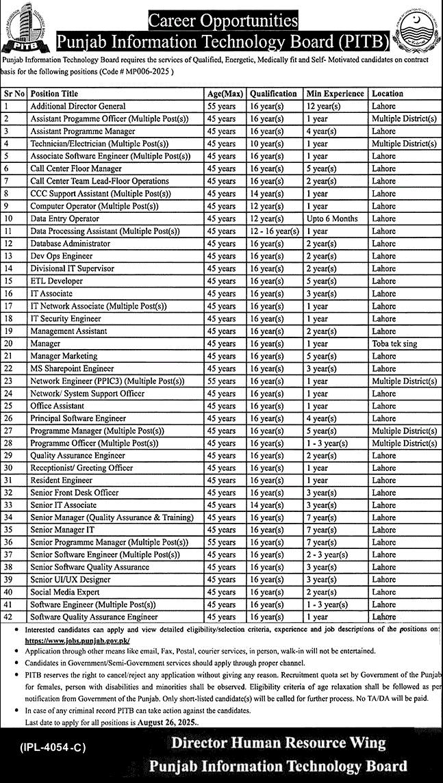 Punjab Information Technology Board Jobs 2025
