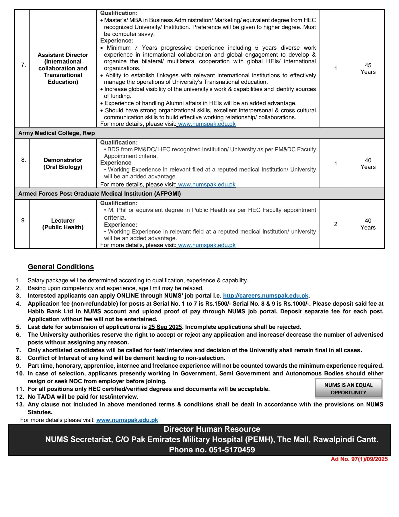 National University of Medical Sciences (NUMS) Jobs 2025