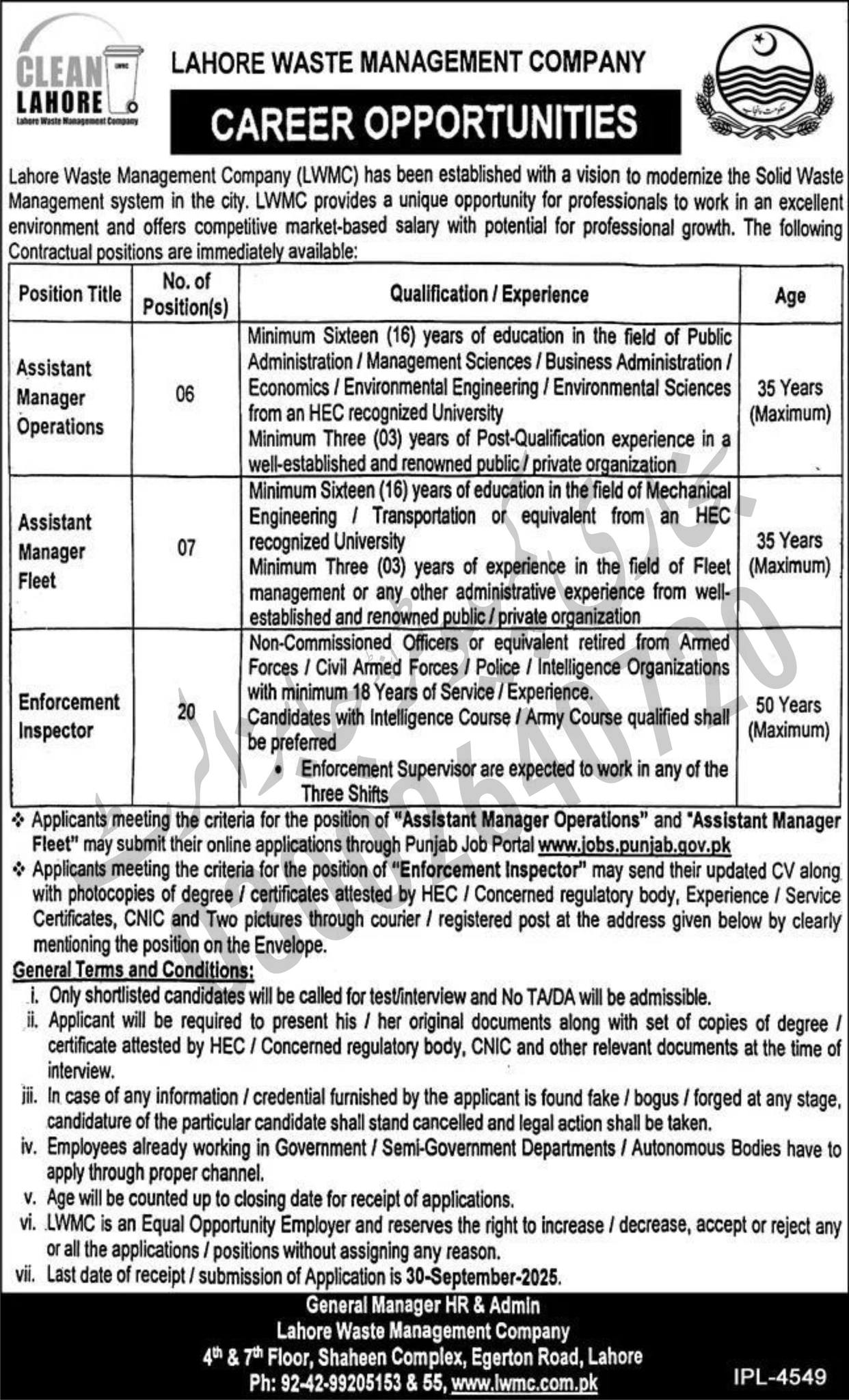 Lahore Waste Management Company Jobs 2025
