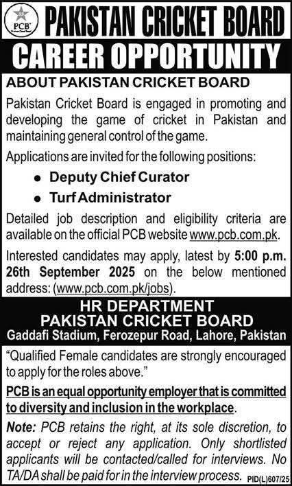 Pakistan Cricket Board Jobs 2025