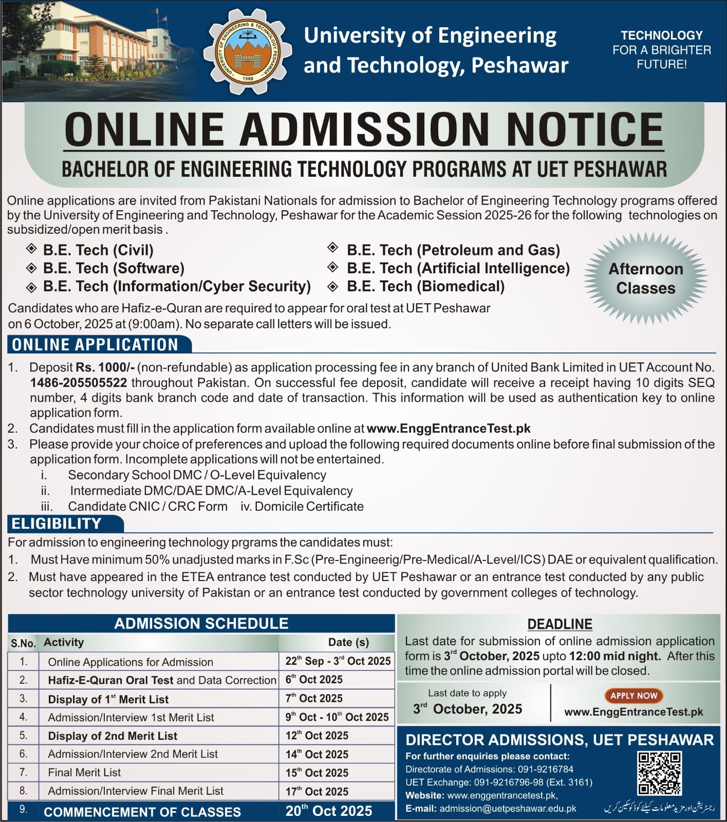 UET Peshawar Engineering Technology Admissions 2025