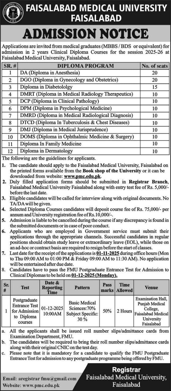 Faisalabad Medical University Diploma Admissions 2025