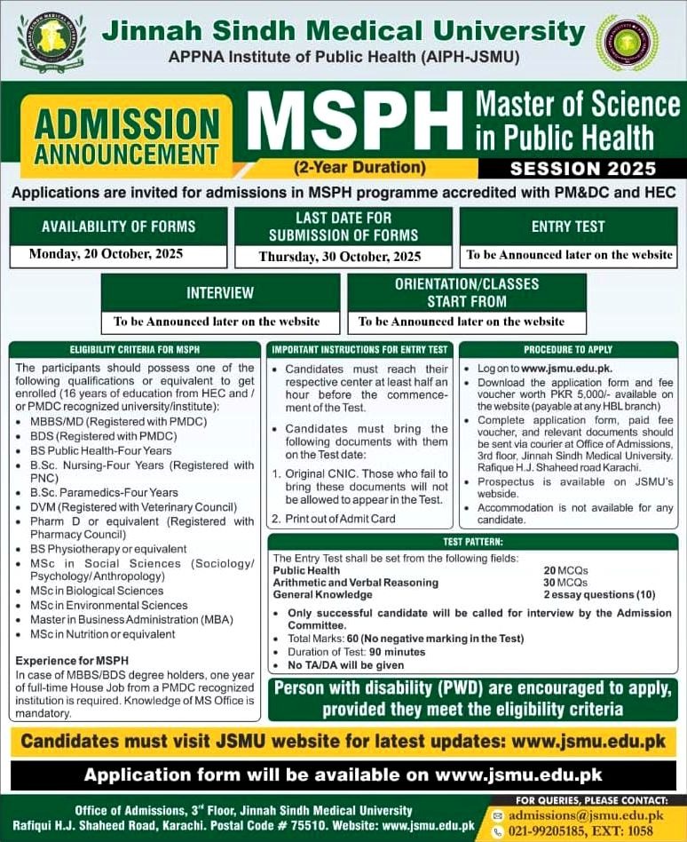 Jinnah Sindh Medical University MS In Public Health Admissions 2025