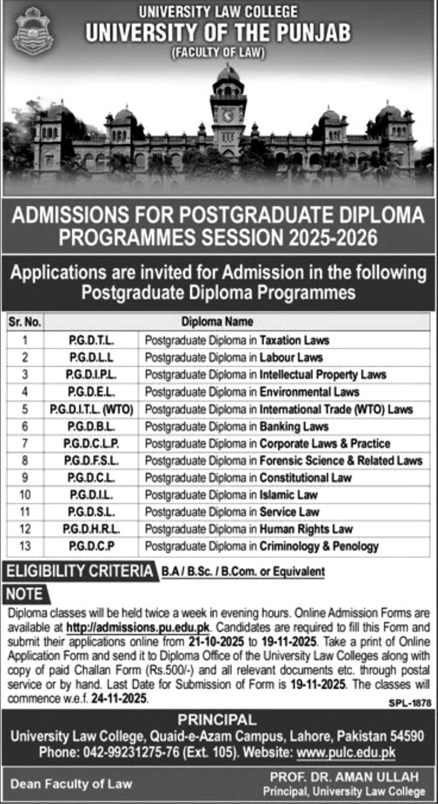 PU Law College PG Diploma Admissions 2025