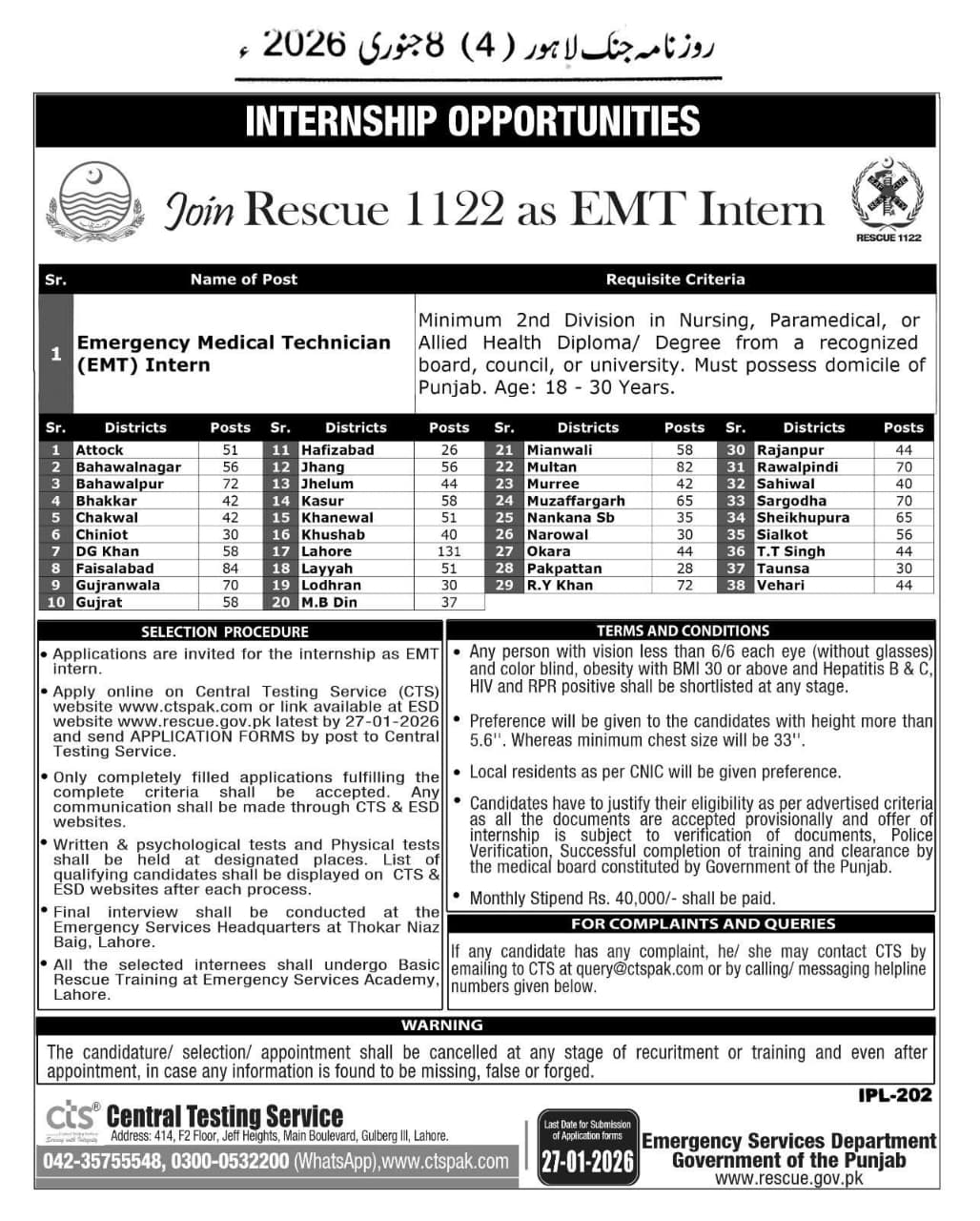Rescue 1122 EMT Intern Jobs 2026 - Apply Now