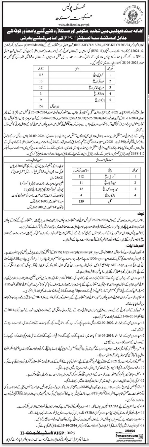 Sindh Police ASI Jobs 2026 advertisement - 139 Assistant Sub-Inspector posts Shaheed Deceased Invalidated quota STS Sindh Police ASI Jobs 2026 advertisement - 139 Assistant Sub-Inspector posts Shaheed Deceased Invalidated quota STS